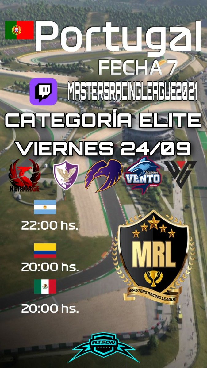 CATEGORIA ELITE
F1 2️⃣0️⃣2️⃣1️⃣🏎
FECHA 7 🇵🇹
22:00HS 🇦🇷
🎙🎧RELATOS
MAUBO Y NAZA 

<a href="/MASTERSRACINGL1/">MASTERS RACING LEAGUE</a>
<a href="/Heritagearg/">Heritage Esports</a>
<a href="/Ravens__esports/">Raven`s</a>
<a href="/cafenix_esports/">Centro A. Fénix | Esports</a>
<a href="/ScuderiaVento/">Scuderia Vento</a>

CANAL DE TRANSMISIÓN
twitch.tv/mastersracingl…