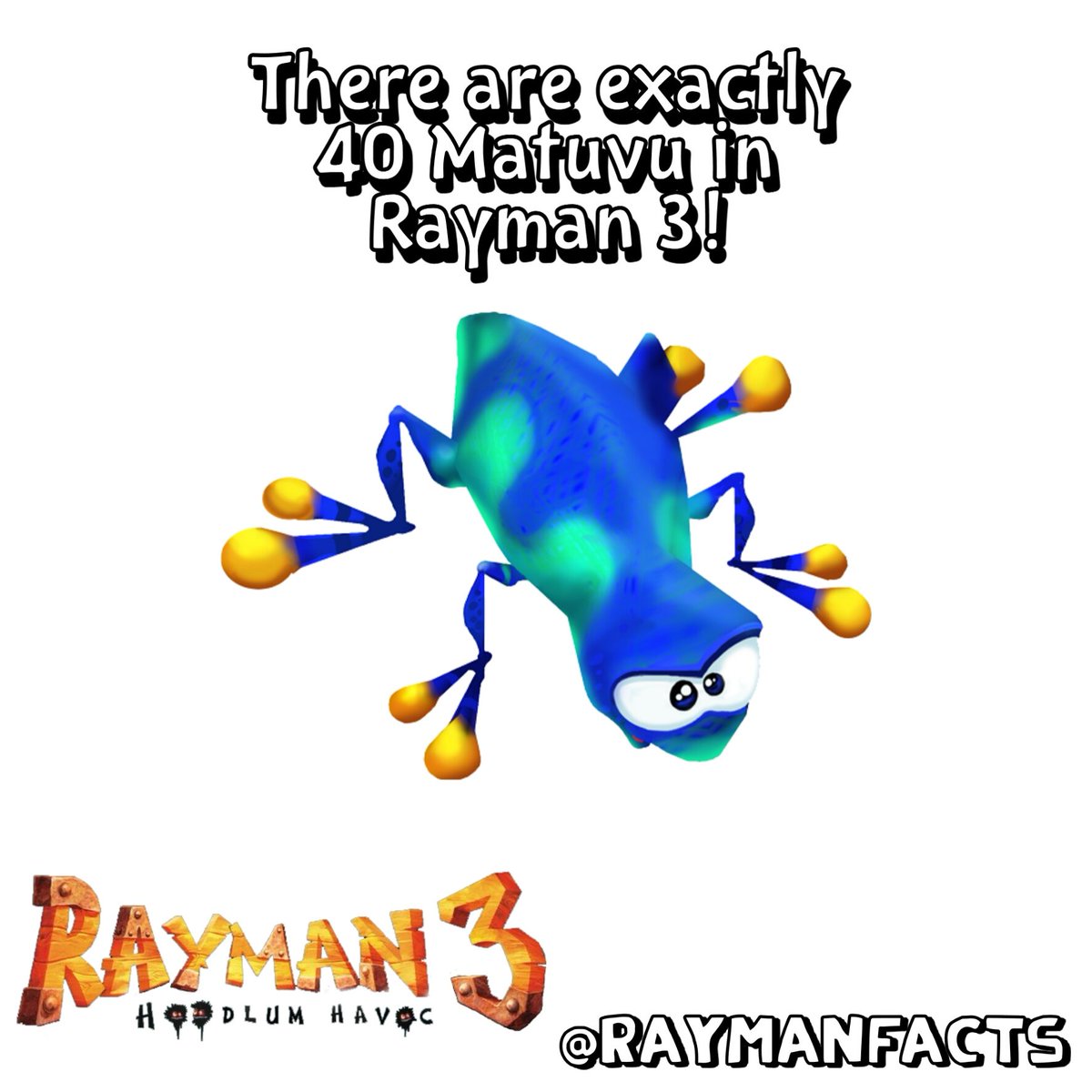RaymanFacts's tweet photo. FACT #200:
There are exactly 40 Matuvu in Rayman 3: Hoodlum Havoc. Also, if you use look mode on a Matuvu, you score 250 points!
#Rayman #Ubisoft #RaymanFacts https://t.co/Tiqr64aViy
