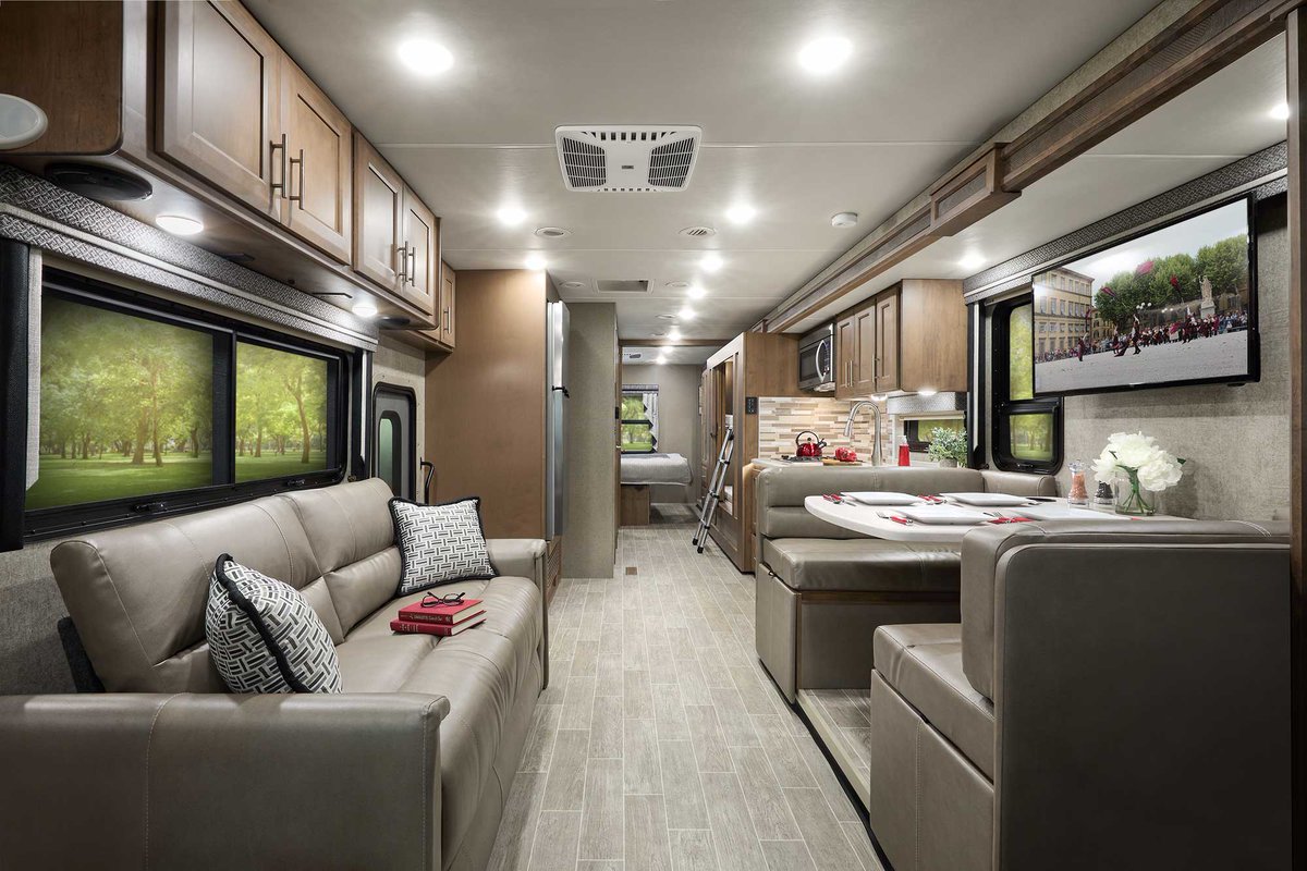 ThorMotorCoach's tweet photo. Could you see your family camping in this #ClassARV? Miramar's 34.6 floor plan features bunk beds, stackable washer/dryer prep, a king-sized bed and a large wardrobe 🙌 Learn more about the family-friendly features offered on this floor plan: https://t.co/kFXzDOVt4s https://t.co/MtshIgEfwq