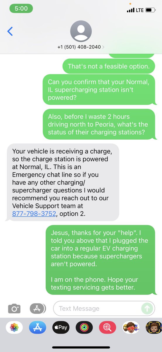 emi_d773's tweet photo. @Tesla superchargers in Normal, IL down. Had to plug to regular EV to be able to get to another supercharging station. Tried the roadside assistance; customer service via text is abhorrent. On the phone now, and hope they’ll have a better comprehension than this dingdong. https://t.co/L7UFkODxKS