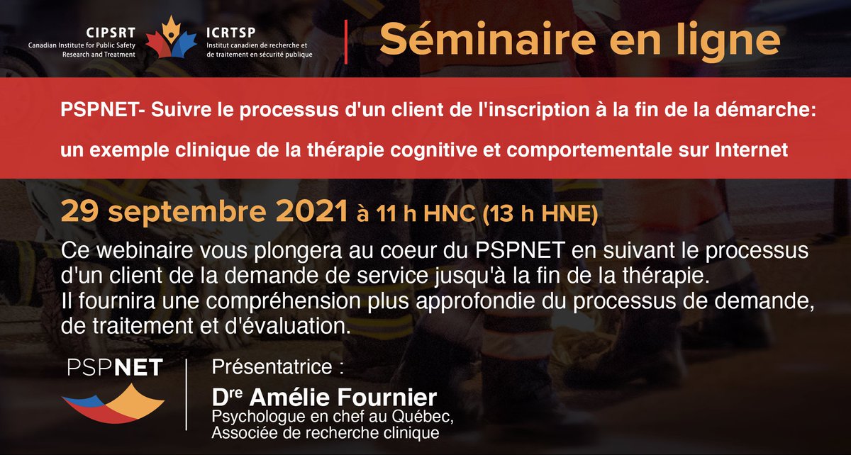 CIPSRT_ICRTSP's tweet photo. Notez bien la date du 29 septembre dans votre agenda et rejoignez-nous pour un nouveau webinaire!
Nous suivrons un exemple clinique qui vous plongera au cœur du PSPNET : de la demande de service, au traitement et à l’évaluation.
RSVP : https://t.co/eNMeAelyud
#QuebecPSP https://t.co/Cu3FLV7gE1