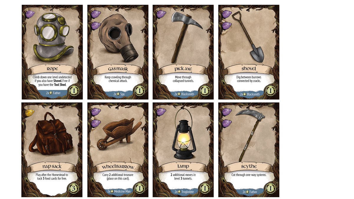 Tools are essential in Undergrowth: A Tunnel Crawling Quest. Which will you choose to aid your search for treasure in the underground tunnels? #boardgame #boardgameart #boardgamedesign #tabletopantics #boardgamelife #boardgames #fantasygame #cards #tools #boardgamelovers