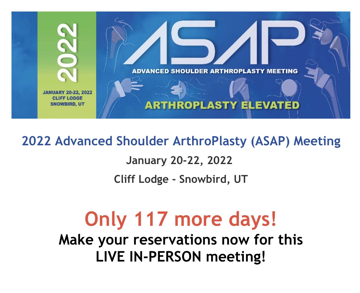 ASAP Meeting registration is open for both live in-person and virtual only access. Only 117 days left! Register at asapmeeting.org

#ASAPMeeting #ASAP22 #advancedshoulderarthroplasty #shoulderreplacement #shoulderarthropaty #shouldersurgery #orthopedics