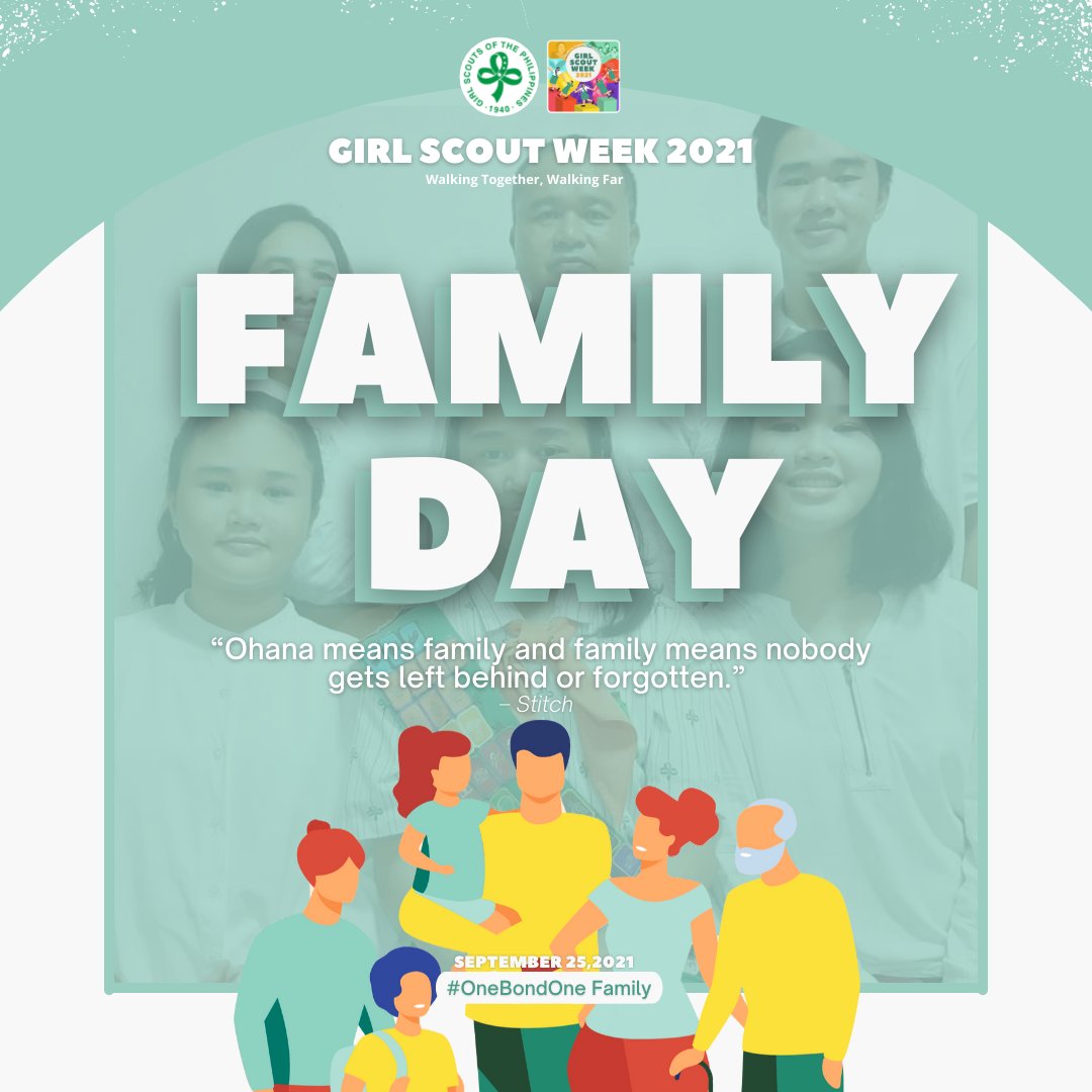 GirlScoutsPH's tweet photo. What day is it today? It's Family day!

Our celebration of Girl Scout Week does not only invite us to celebrate the Girl Scouting movement.

#GSWeek2021 #WalkingTogetherWalkingFar #FamilyDay #OneBondOneFamily https://t.co/5u1sLashrT