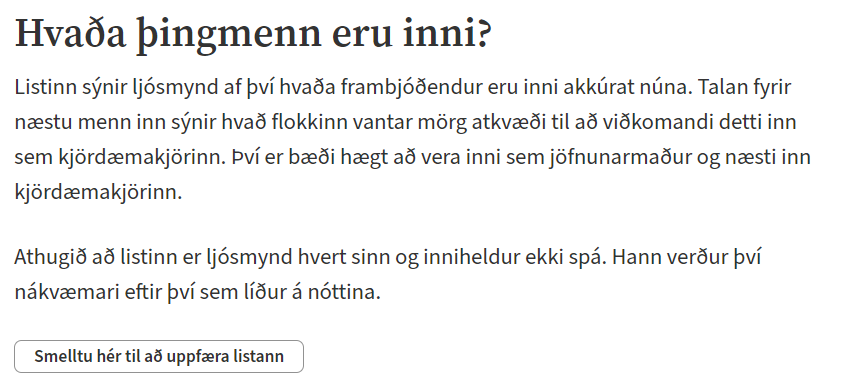 Ef þið nennið ekki að flakka milli miðla og viljið hafa allt á einum stað þá getið þið haft þetta í vasanum næstu nótt.

Tek það fram að listinn núna inniheldur random tölur og endurspeglar ekkert. Þurfti bara að vita að þetta virkaði.

grid.is/@joedissson/hv…