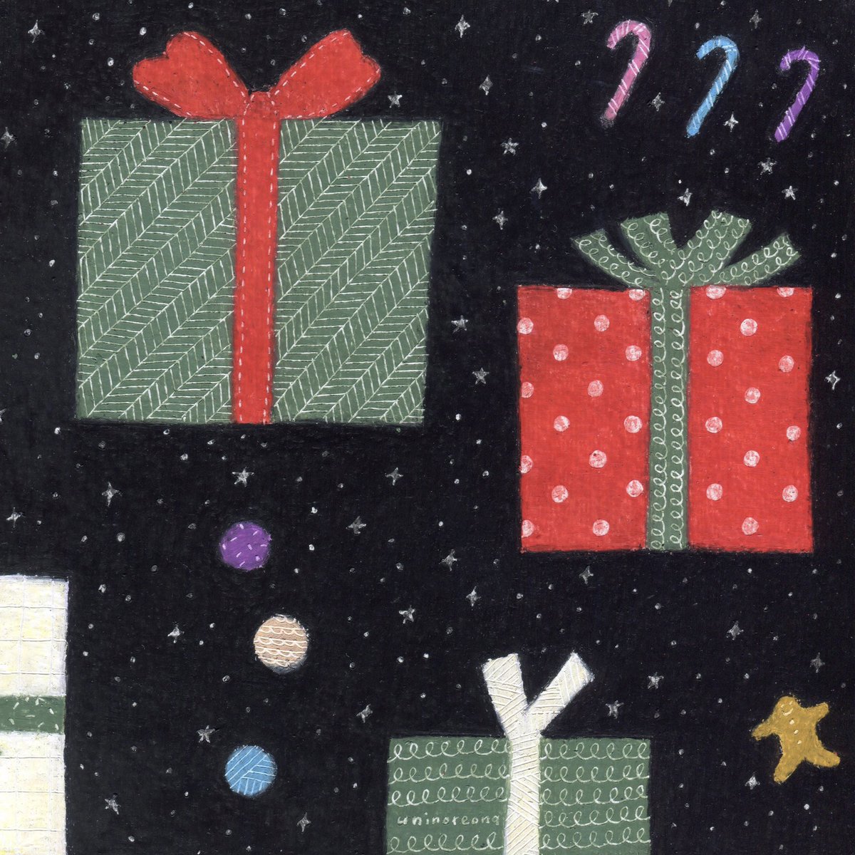 うにのれおな 背景はいつもの水玉模様ではなくキラキラとした星空柄にしてクリスマスを表現してみました Illustration イラストレーション Illust イラスト 絵 Crayon クレヨン画 スクラッチアート Illustrator イラストレーター Painter 画家
