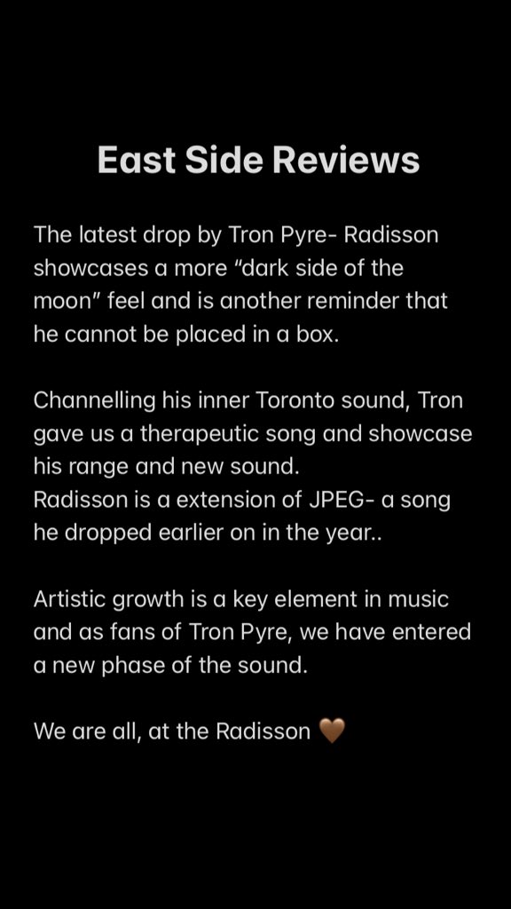 EstSideRadio012's tweet photo. East Side Reviews: 

@TRONPYRE -Radisson 

https://t.co/gdDbsT6QpE https://t.co/4YOkUZOjDc