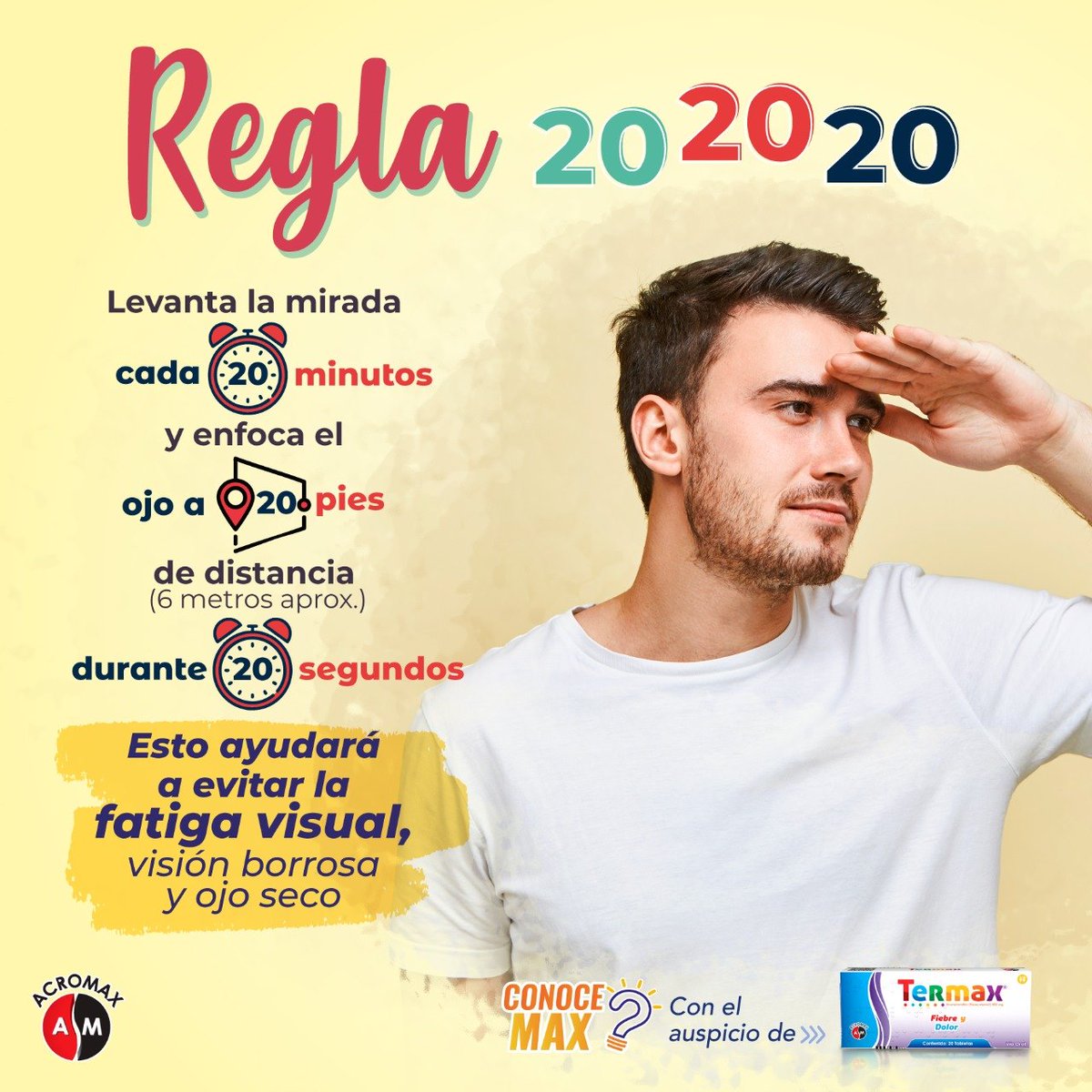 AcromaxEcuador's tweet photo. 📌¿Conoces la regla 20-20-20?
⭐️Esta regla tiene el objetivo de reducir la fatiga visual, visión borrosa , ojo seco y dolor de cabeza para quienes se encuentran por mucho tiempo frente a la luz de una pantalla.
📌Este es un tema auspiciado por #Termax https://t.co/SrZfE1zSCz