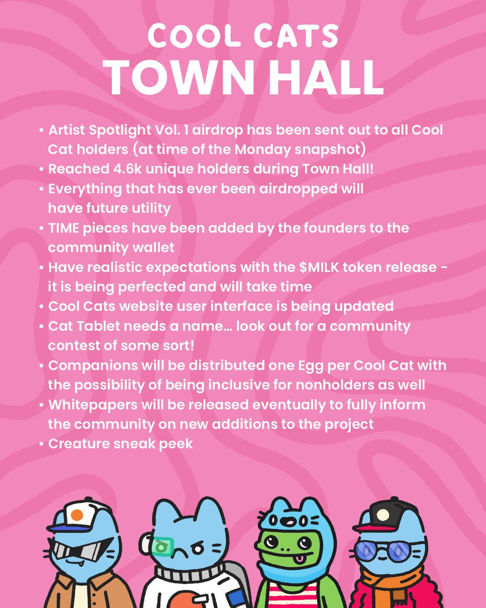 coolcats's tweet photo. TOWN HALL NOTES: 9/24/21

We haven’t been up to too much… or have we? Looks like some changes will be made to the Cool Cats website soon! And who’s this fiery lil guy? He’s got a few friends with him, but they seem to be hidden… for now. 👀🐱💙 https://t.co/cA9MRzTz0h