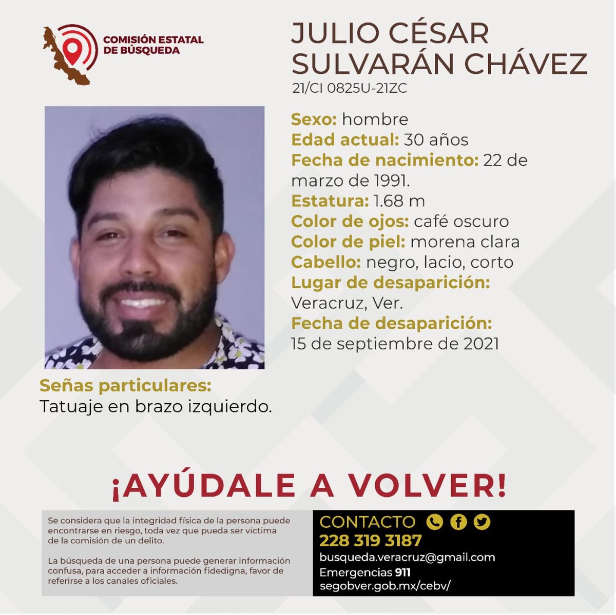 veracruzsports's tweet photo. jarochotimes: RT @cebver: Solicitamos su colaboración para localizar al C. Julio César Sulvarán Chávez, cualquier información contactar al número y/o correo que aparece al margen de este boletín.
#Veracruz #BocadelRío #MedellíndeBravo
@botDesaparecidx https://t.co/2BXEd0OQdW