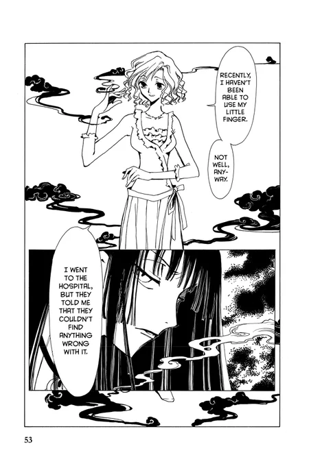 i like how clamp sets up an ominous tone in this scene like i love that grey-black-white in the last panel where u can tell that lying is her bad habit but it's kind of vague if it's an unconscious or conscious decision. tho i feel habitual lying becomes unconscious over time 