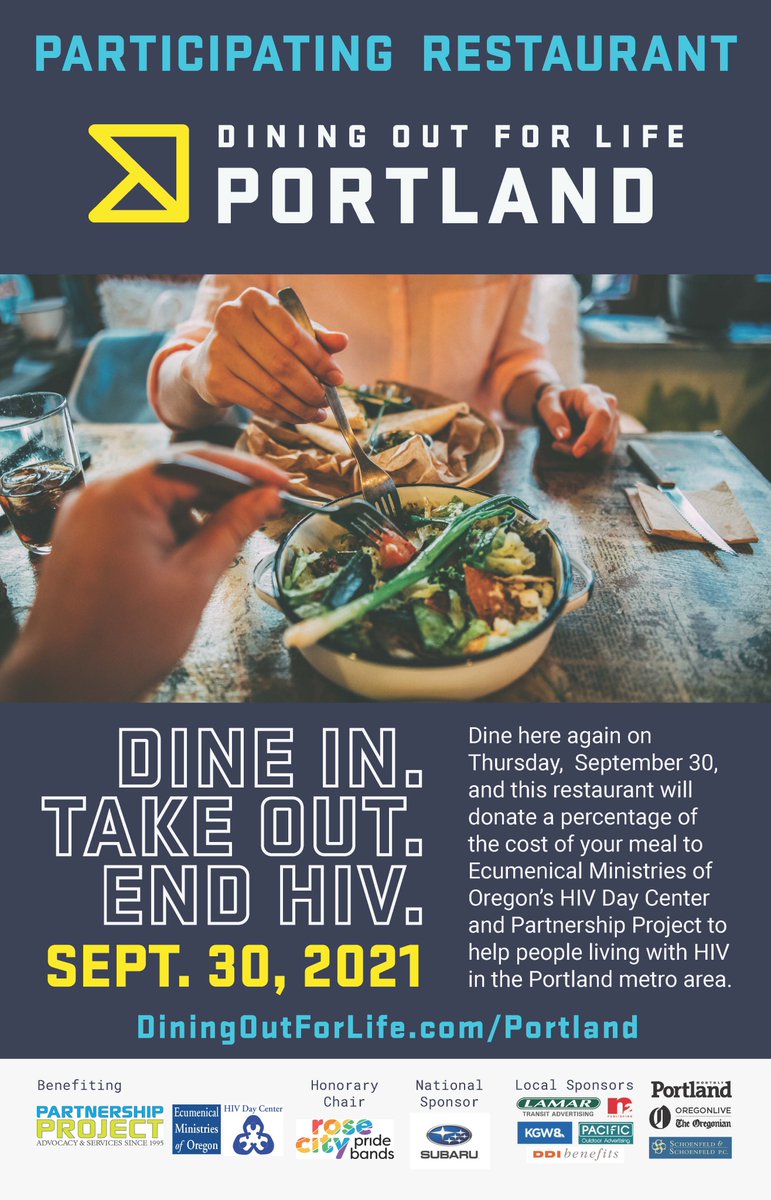 Looking for the full listing for next Thursday!  Here you go! diningoutforlife.com/city/portland/
3 Doors Down Cafe
Albina Press (Hawthorne &amp; Albina)
Bison Coffeehouse
Cliff's Pdx
@ExtractoCoffee 
<a href="/HalePele/">Hale Pele</a> 
<a href="/peters_bar/">Peter's Bar & Grill</a> 
<a href="/piespotpdx/">Pie Spot</a> 
Rain or Shine Coffee House
Red Sauce Pizza
<a href="/RATpub/">Rose and Thistle Pub</a>