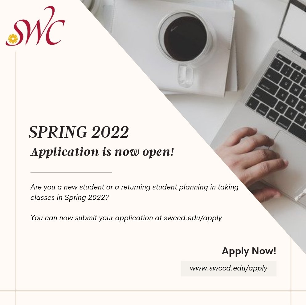 swc_hecsy's tweet photo. Spring 2022 school application is now open! New incoming students or returning students may now apply at 
https://t.co/ml6JjhOtZi
#swc #hecsy #sp22 #communitycollege https://t.co/JdRVmXLqAS