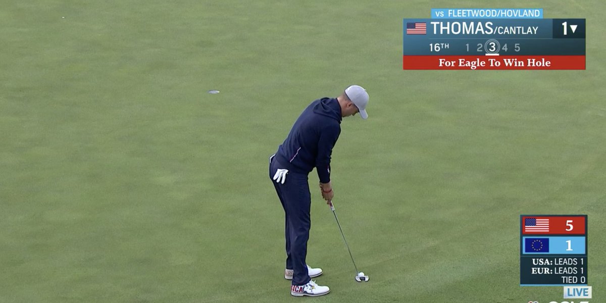 GolfDigest's tweet photo. HUGE. 🔥

@JustinThomas34 dropped his eagle putt to tie things up on No. 16. #RyderCup https://t.co/pzEgpJARR7