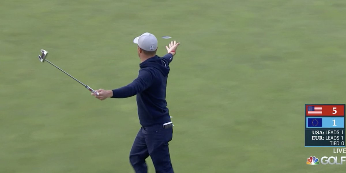 GolfDigest's tweet photo. HUGE. 🔥

@JustinThomas34 dropped his eagle putt to tie things up on No. 16. #RyderCup https://t.co/pzEgpJARR7