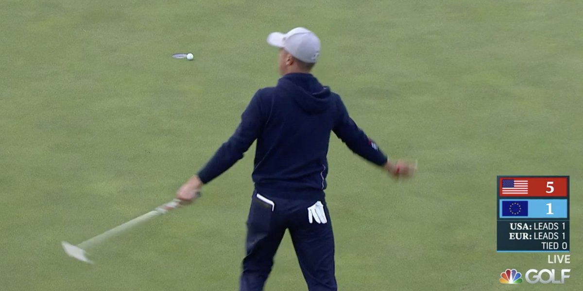 GolfDigest's tweet photo. HUGE. 🔥

@JustinThomas34 dropped his eagle putt to tie things up on No. 16. #RyderCup https://t.co/pzEgpJARR7