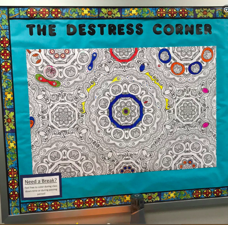 teacher2teacher's tweet photo. This "Destress Corner" comes complete with markers!

What easy, low-lift strategies to boost S well-being have you loved? 

(📸  via T @PlatouWorld)

#TeacherTwitter #EduTwitter #SchoolClimate https://t.co/IN9LqgBAvD