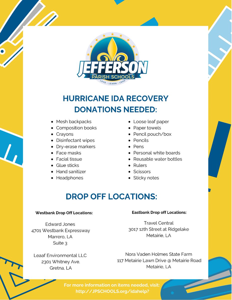 From September 28-October 8 donations will be accepted to help our children &amp; teachers recover from Hurricane Ida. Visit our website for more information. #ForwardTogetherJP #WeLove #WeLearn #WeLead #JPSchools #LaEd bit.ly/2W8lEsW
