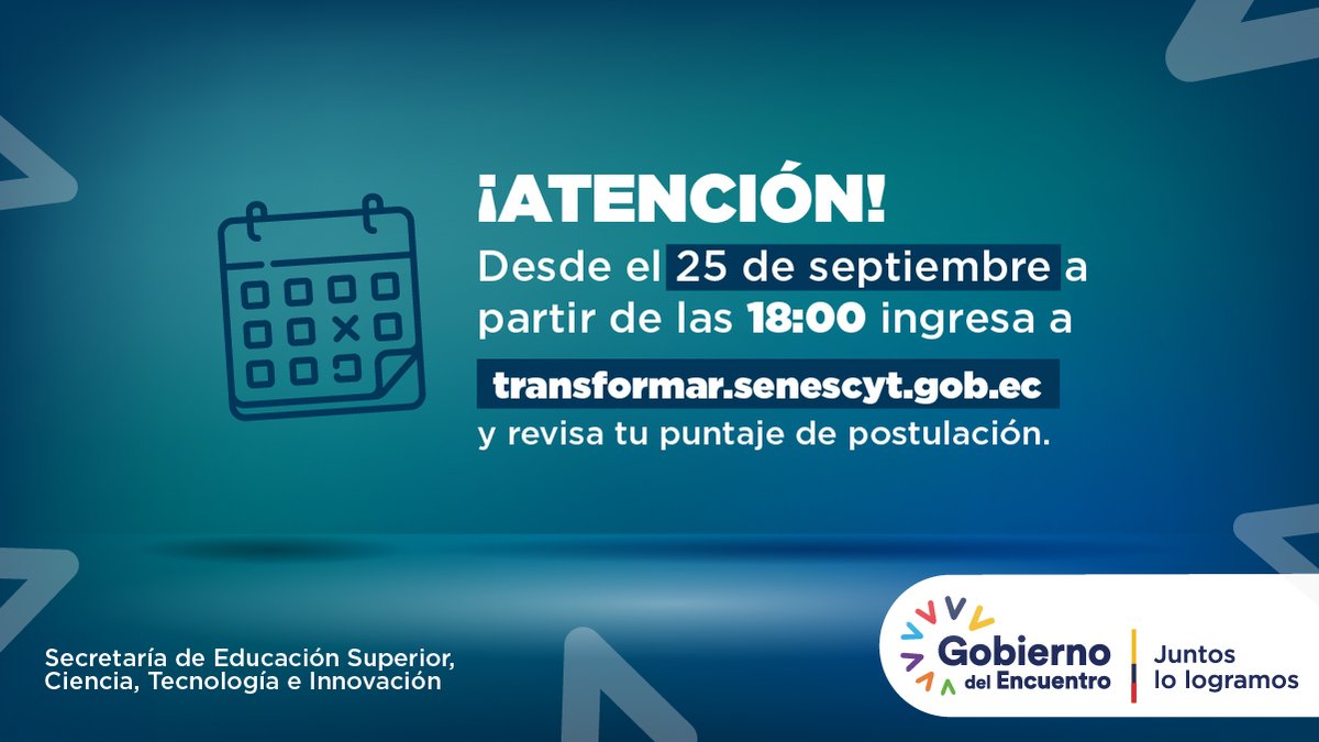 EduSuperiorEc's tweet photo. ¡Desde este 25 de septiembre podrás conocer tu puntaje de postulación!

Recuerda que en el presente periodo académico esta nota está compuesta por:

✅ Calificación del test Transformar.
✅ Nota del bachillerato.
✅ Puntos por políticas de acción afirmativa.

#EstaEsLaOportunidad https://t.co/HEigc96XTS