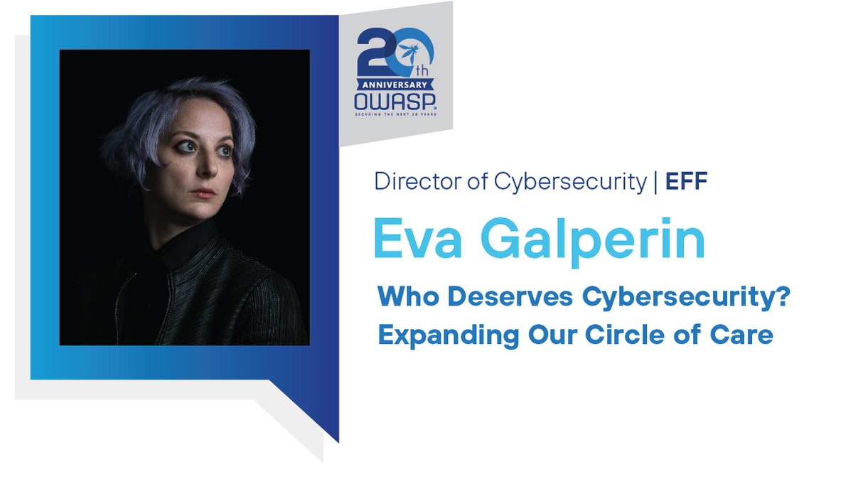 Please join me in welcoming our next Keynote, Eva Galperin! Taking the spotlight now, <a href="/evacide/">Eva</a> will be talking to us today about "Who Deserves Cybersecurity? Expanding Our Circle of Care". owasp20thanniversaryevent20.sched.com