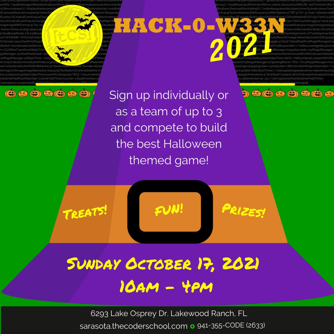 CoderSchoolSRQ's tweet image. Last chance to sign up for our Hack-0-w33n! Sign up via our website before October 17th to secure your spot!
#hackathon #scratchcoding #coding #halloween
#trickortreat #programming #programmer
#python #developer #codingisfun
#cplusplus #csharp #sarasota