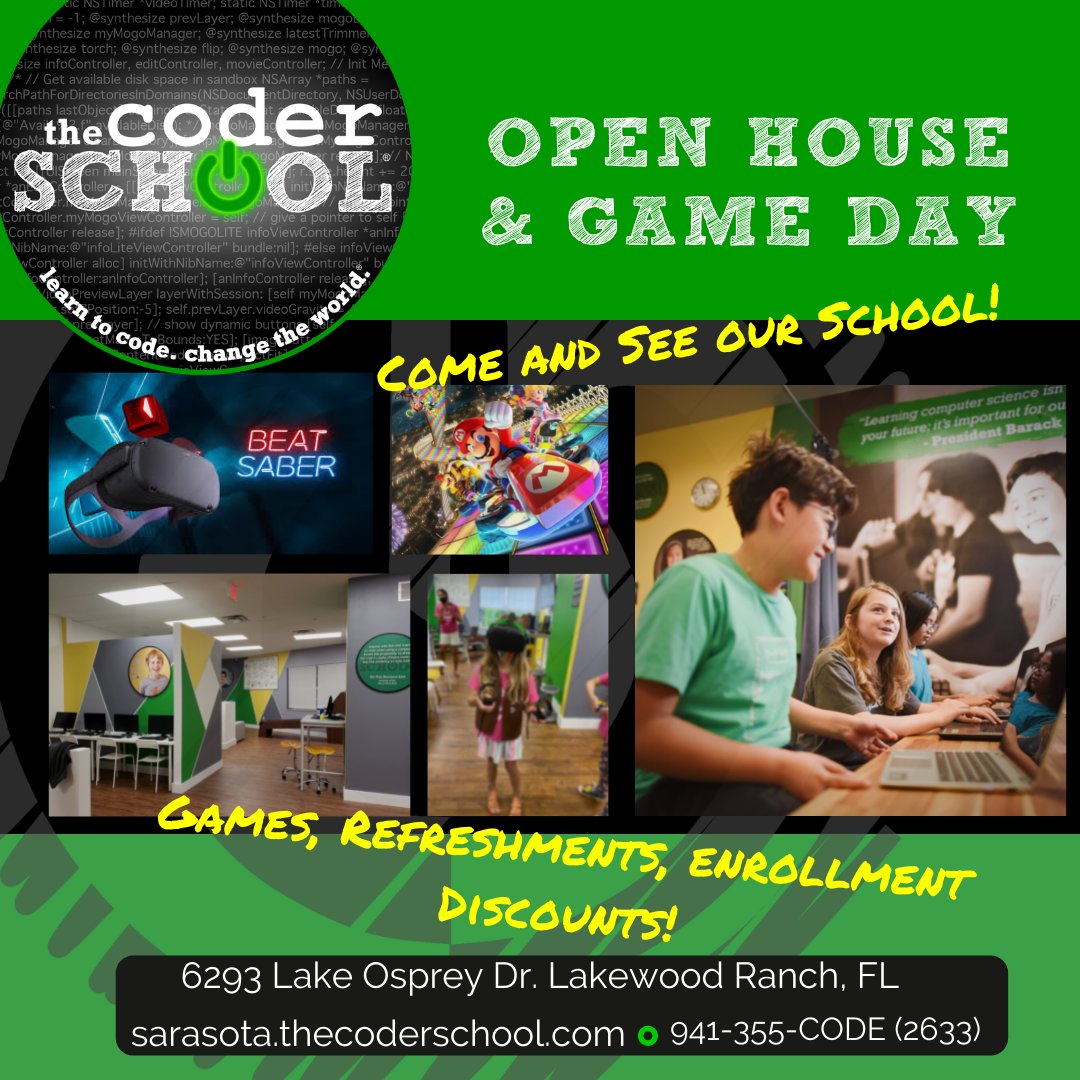 CoderSchoolSRQ's tweet image. Stop in today from 1-4pm for our open house! Enjoy #games and refreshments, and receive a 20% discount off your 1st month of Code Coaching or Beginner Code Class when you register at open house!
#scratchcode #scratchcoding #programming
#programmer #python #code #coding #sarasota