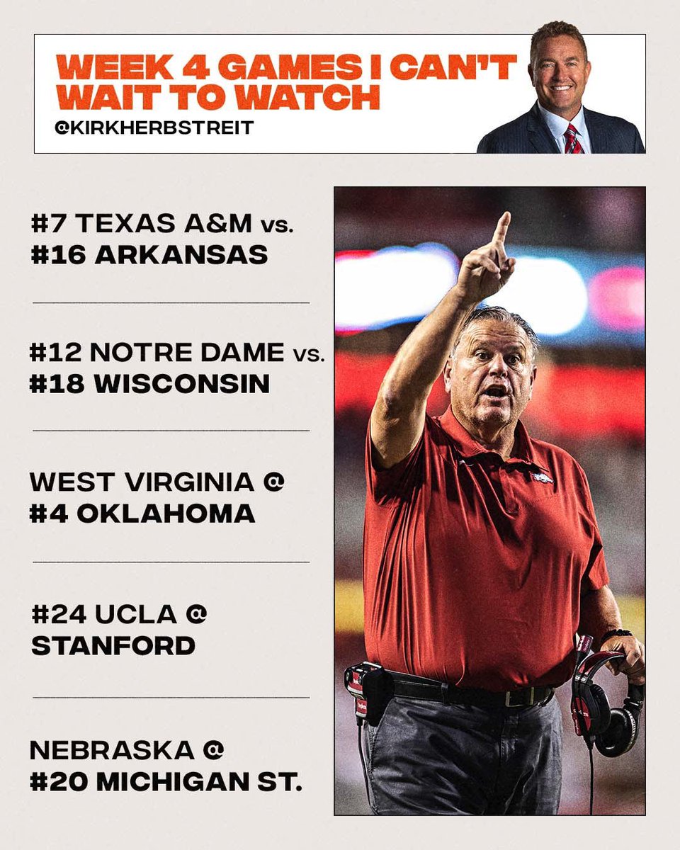 KirkHerbstreit's tweet photo. Some BIG games this weekend and I can’t wait to watch them!! Which games are you most excited for this weekend?? https://t.co/cnD3DPlyI5