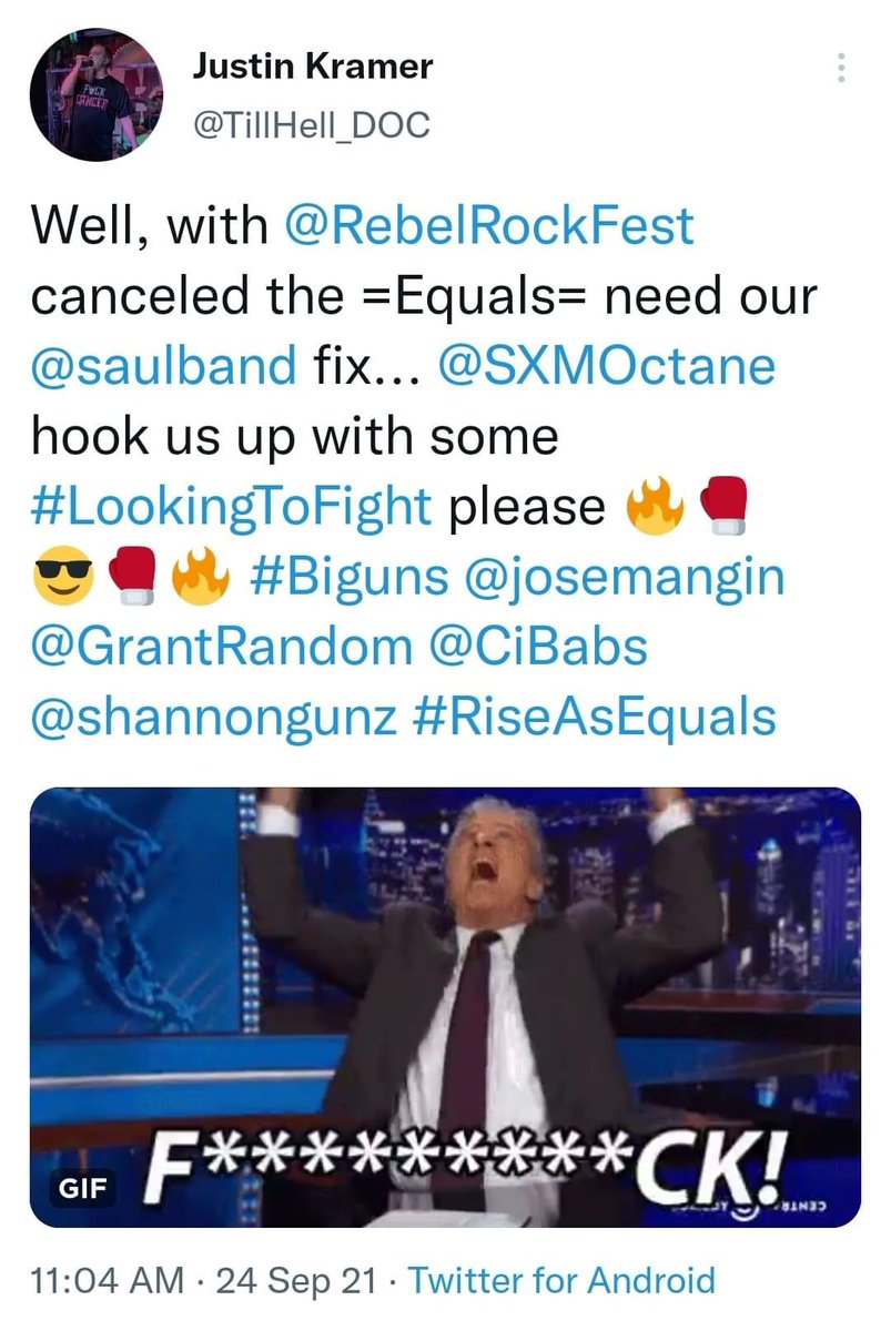 I’m an =Equal= who’d like to hear <a href="/saulband/">SAUL Band Official</a> on <a href="/SXMOctane/">SXMOctane</a> with #LookingtoFight #Biguns <a href="/josemangin/">Jose "Metal Ambassador" Mangin</a> <a href="/GrantRandom/">Grant Random</a> <a href="/shannongunz/">Shannon Gunz</a> <a href="/CiBabs/">Caity Babs</a> #RiseAsEquals