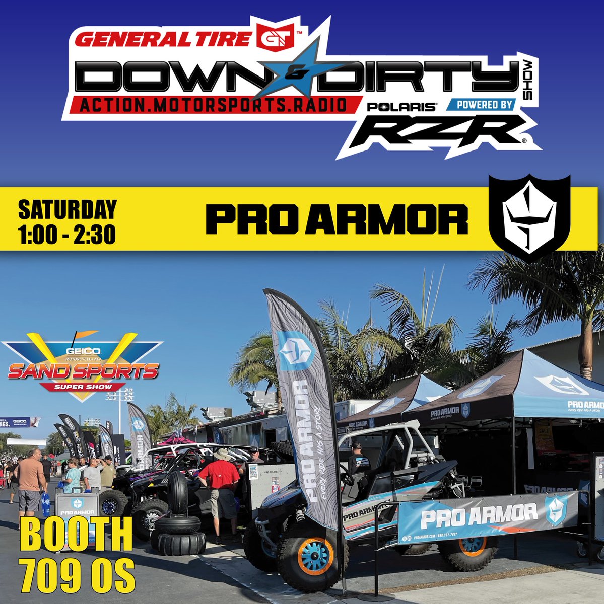 JimBeaver15's tweet photo. It's two of the most fun hours of the @GeneralTire #DownAndDirtyShow Powered By @PolarisRZR you'll ever listen to—check out the producer's cut from the #ProArmor booth at last week's @SandSportsSS! Listen now: https://t.co/LrzKBJxQs4 https://t.co/qCRX4zIoih