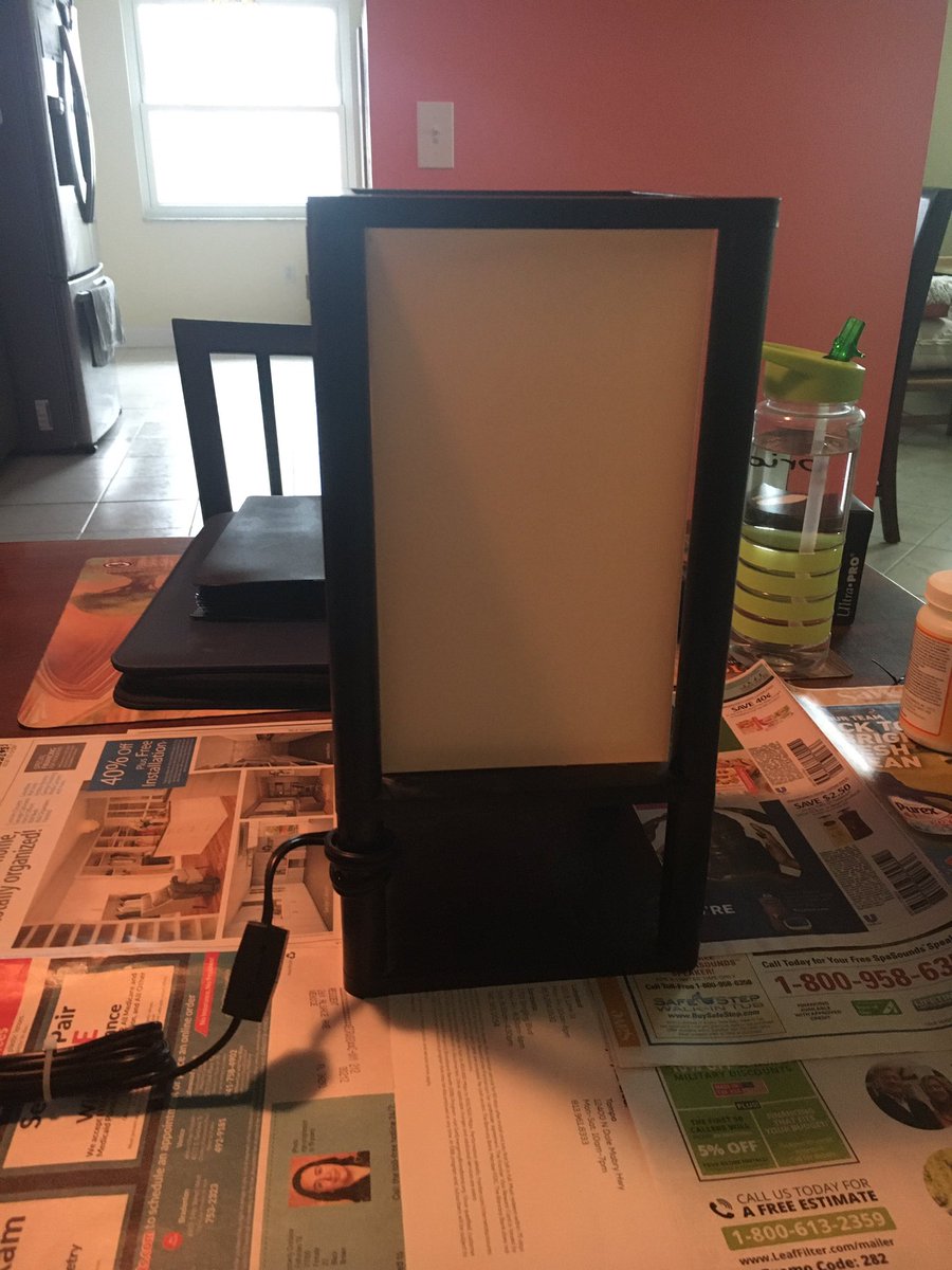 LucidLumi's tweet photo. Repainted and decorated my bedside lamp. I knew saving the tissue paper that came with my @SleeplessZines order was a good idea; it makes a super cute lamp shade! https://t.co/Ooi9L495VX