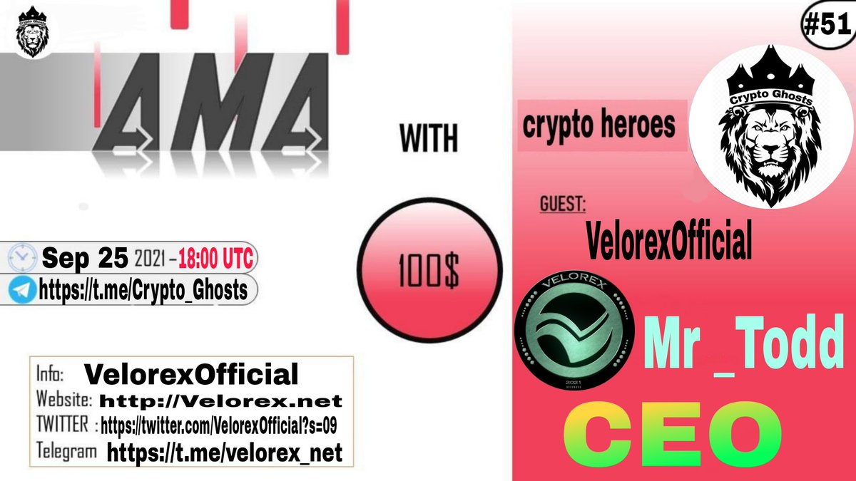 Crypto Ghosts (@crypto_ghosts1) on Twitter photo AMA Series with VelorexOfficial
🎁Prize: 100$ Busd
📆Date: sep25 , 2021 18:00 UTC
🏨 Venue: t.me/Crypto_Ghosts
Rules: t.me/Crypto_Ghosts1
Follow
@Crypto_Ghosts
<a href="/VelorexOfficial/">Velorex | DeFi ATM | Web3</a>
2. Like Retweet & Comment Your Questions (3 Questions) Tag 3 friends AMA Series with VelorexOfficial
🎁Prize: 100$ Busd
📆Date: sep25 , 2021 18:00 UTC
🏨 Venue: t.me/Crypto_Ghosts
Rules: t.me/Crypto_Ghosts1
Follow
@Crypto_Ghosts
<a href="/VelorexOfficial/">Velorex | DeFi ATM | Web3</a>
2. Like Retweet & Comment Your Questions (3 Questions) Tag 3 friends