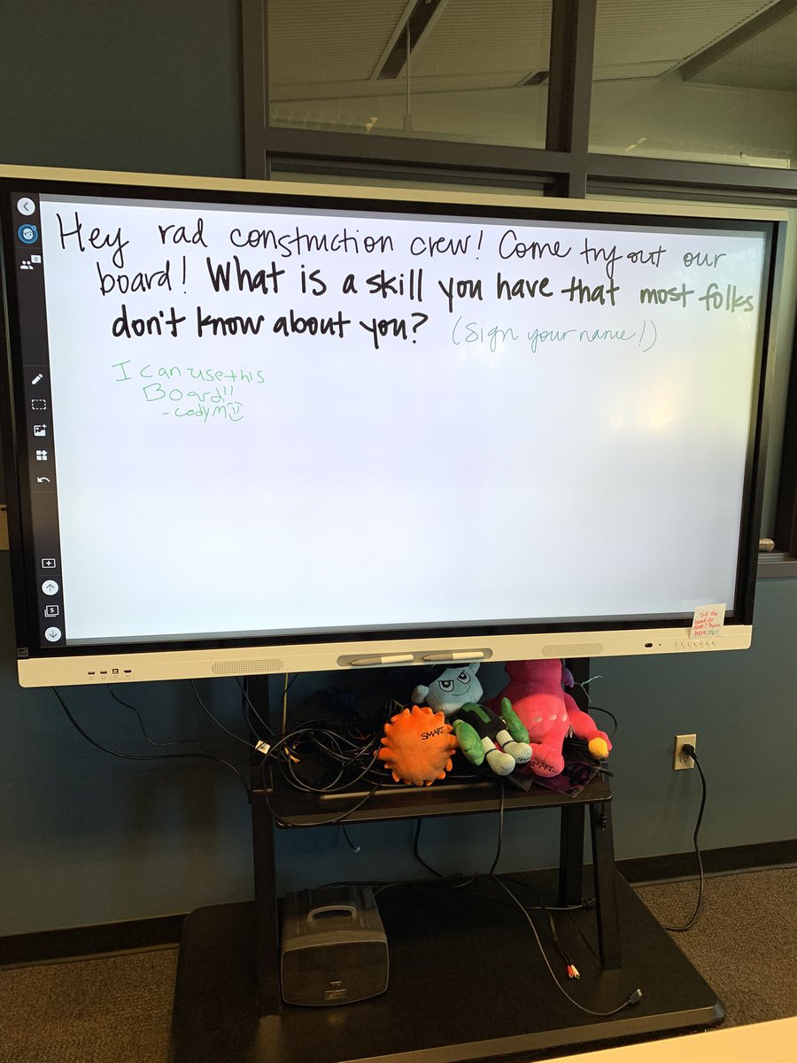 hollidaymode's tweet photo. We’ve got a crew in our office over the weekend building new cubicles. 🙌 We got one guy comfortable using our @SMART_Tech board, so fingers crossed he takes his “teach my coworkers” responsibility seriously and this board is full by Monday! @SMARTpln #LWSDisSMART https://t.co/9BDDALwcxO