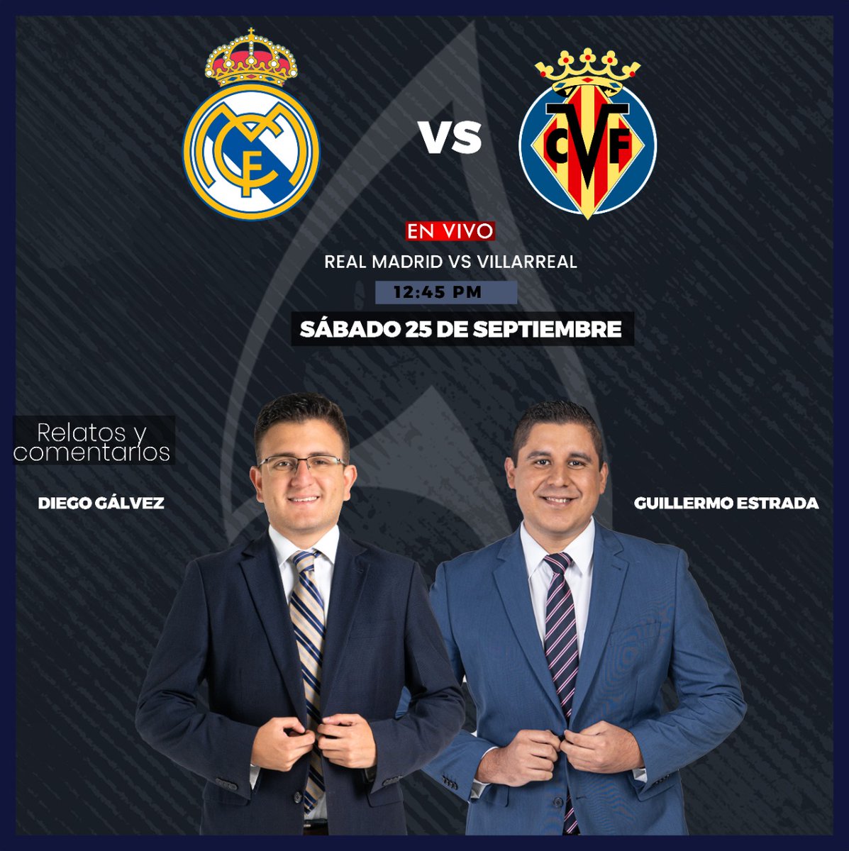 .Mañana Mañana No te pierdas la liga de las estrellas en <a href="/1077Fuego/">107.7 Fuego GMV</a> el partido #RealMadrid vs #Villarreal ⚽️ (((EN VIVO))) ⚽️

🎙️ <a href="/DGalvez23_/">Diego Gálvez</a>
🎙️ <a href="/Guillestrada14/">Guillermo Estrada</a>

🗓 25 de septiembre 
⏰ 12:45 PM
📻 <a href="/1077Fuego/">107.7 Fuego GMV</a>
📲 Megavisión Go