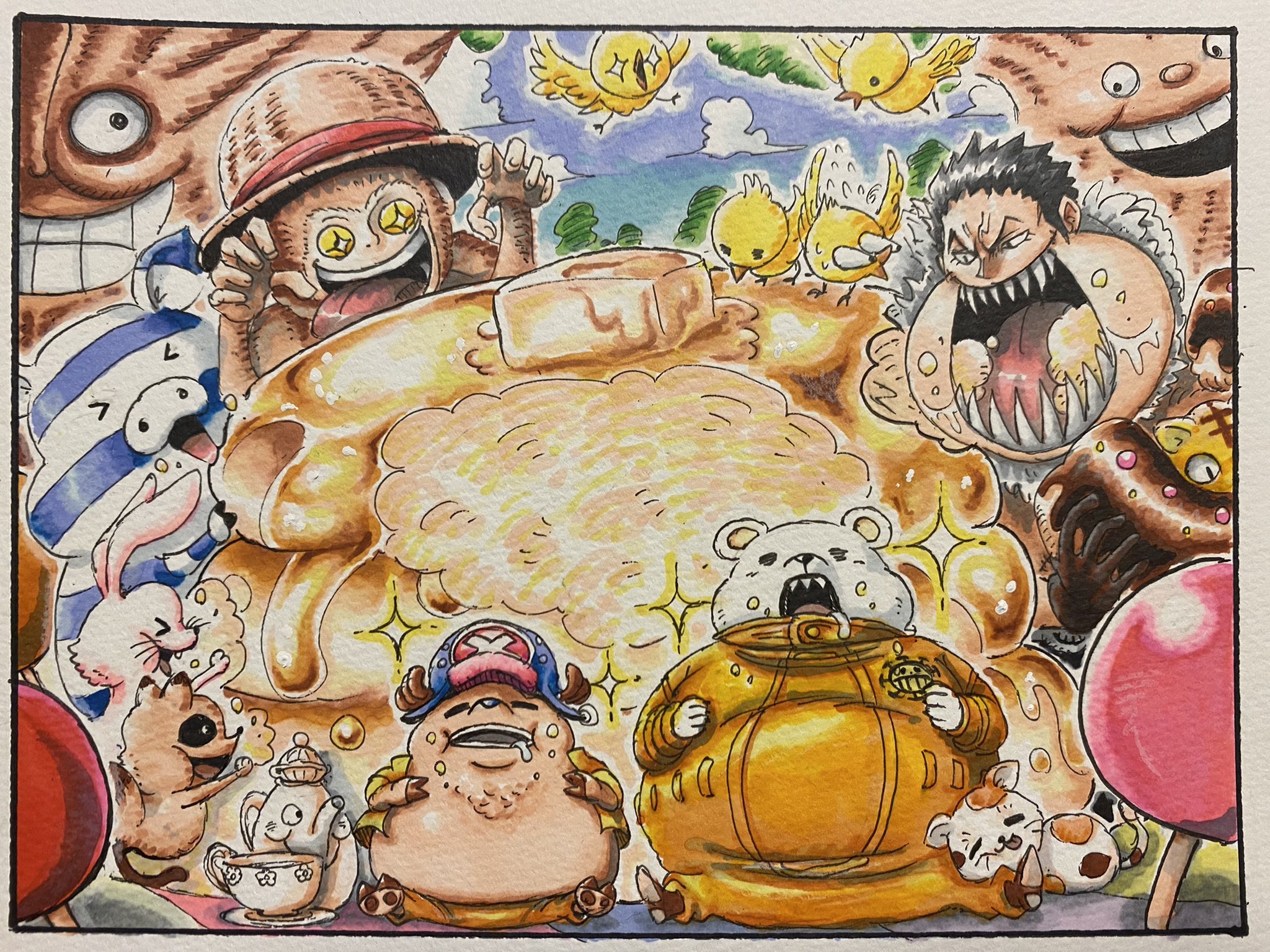 サトー D スケ Su Twitter ベポが森の動物と巨大なホットケーキを食べているところ というなんともほっこりなお題をもらい 描いてみました ホットケーキうまいよね てか甘党なんでいろいろ好きです Onepiece イラスト おはようございます T Co