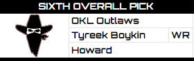 The 6th pick in the RFNA Draft, the Oklahoma Outlaws &amp; <a href="/PurdueRB/">top25 Purdue</a> select, Tyreek Boykin, WR out of Howard, <a href="/RBCoachColtFCS/">Retro Howard Bison | 🏆</a>