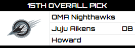 The 15th pick in the RFNA Draft, the Omaha Nighthawks &amp; @RBCoachHotRoute select, Juju Aikens, DB out of Howard, <a href="/RBCoachColtFCS/">Retro Howard Bison | 🏆</a>