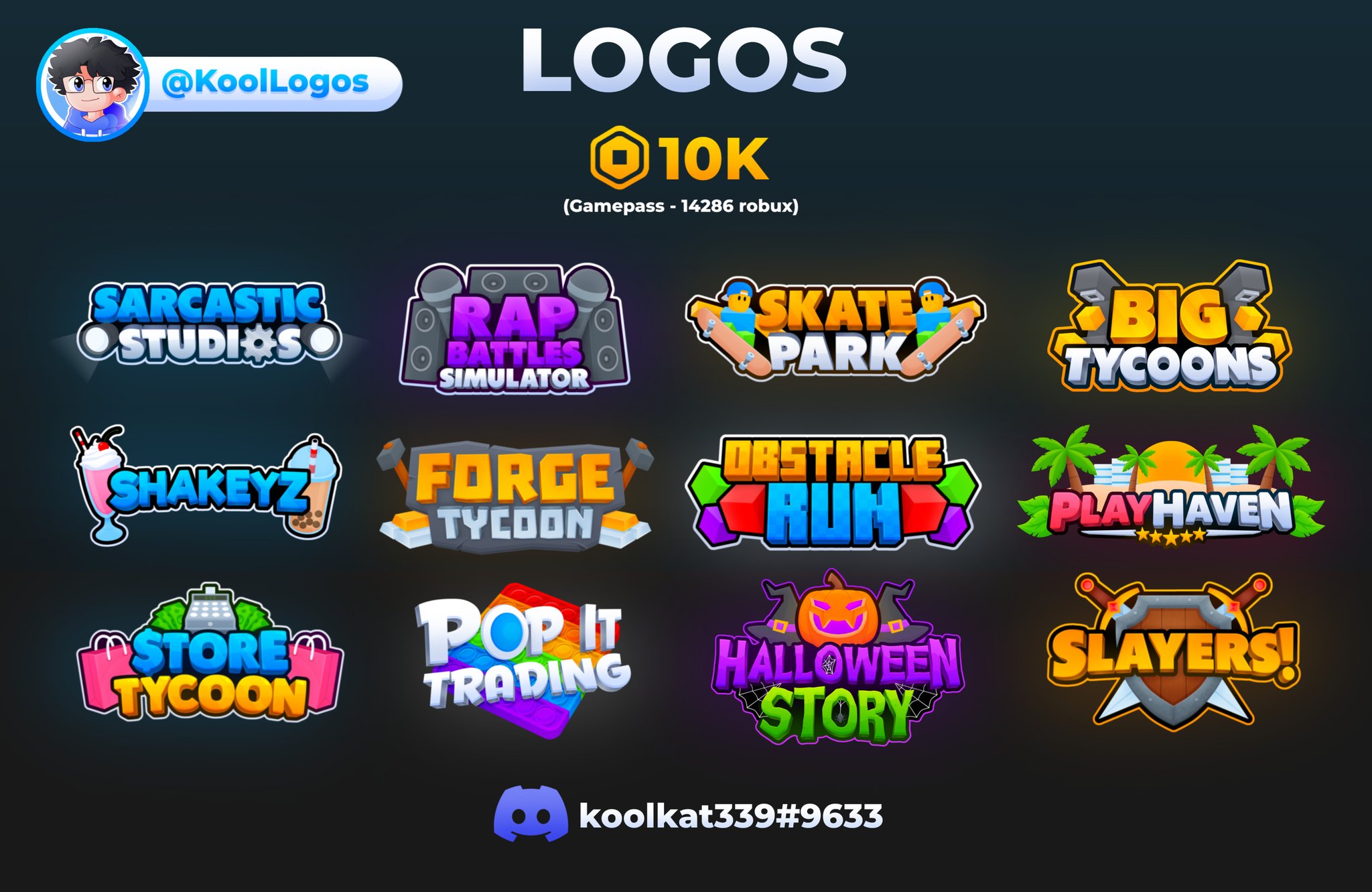 Kool on X: 🎉 Logo Commissions 🎉 💵 Accepting robux through group funds  or gamepass(gamepass will have 30% tax) 💵 💬 DM me on discord  (koolkat339#9633) or twitter to order 💬 Likes