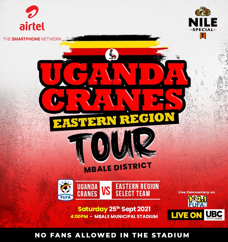 Follow the #UgandaCranesRegionalTours on the Football Radio.

⚽️ Eastern Region Select Vs Uganda Cranes
  
🏟 Mbale Municipal Stadium 
 
⏲️4pm

@ryganmulekezi
