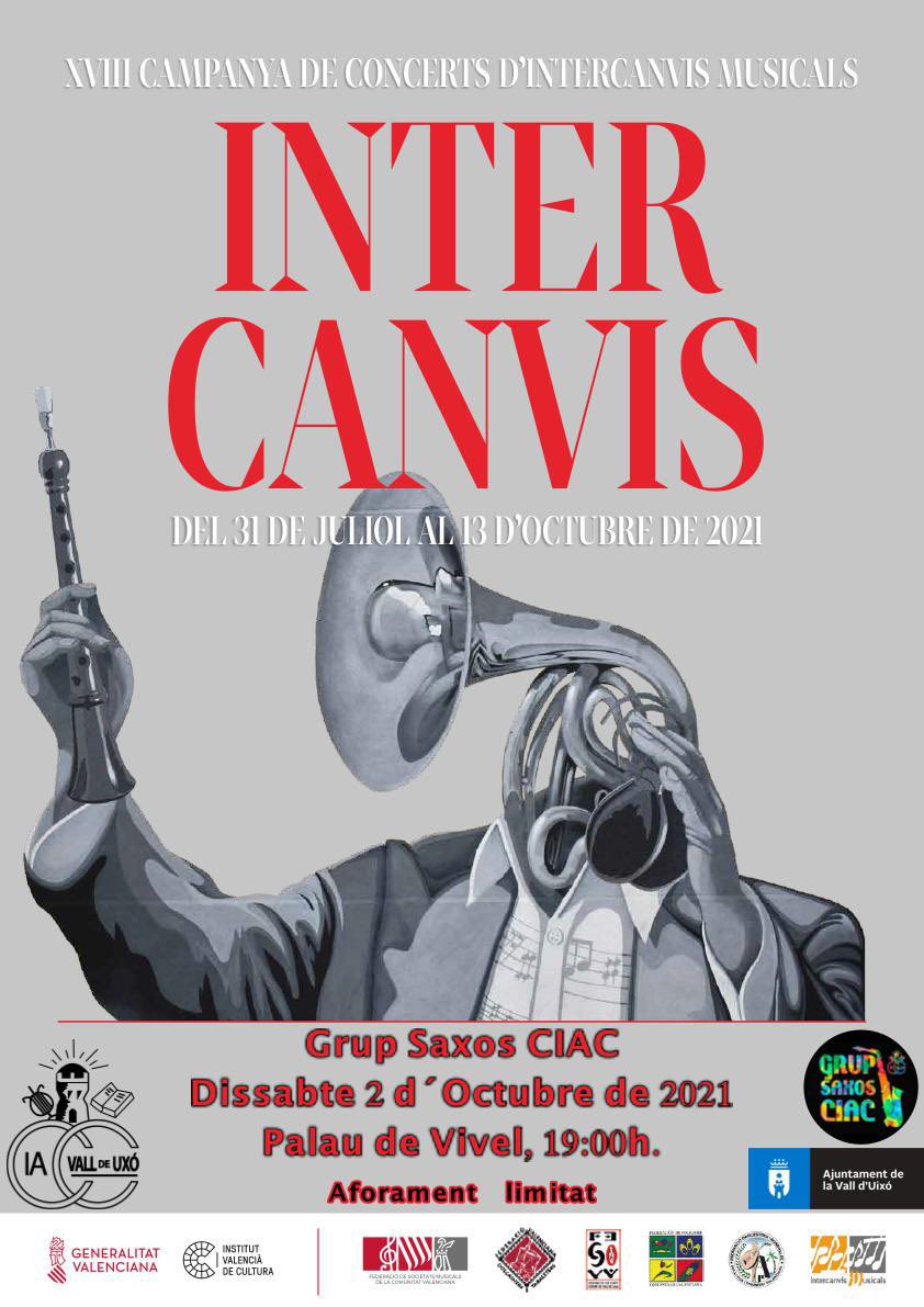 laciac's tweet photo. 🎼 Concert del #GrupSaxosCIAC🎷

Dins la XVIII campanya de concerts d’#intercanvismusicals de la @FSMCV 

☑️ Dissabte 2 d’octubre a les 19h al Palau de Vivel

⚠️ Aforament limitat per les mesures anti-covid ⚠️

#somlaCIAC ❤️ #quetaljoven https://t.co/oU9SnRQTLf