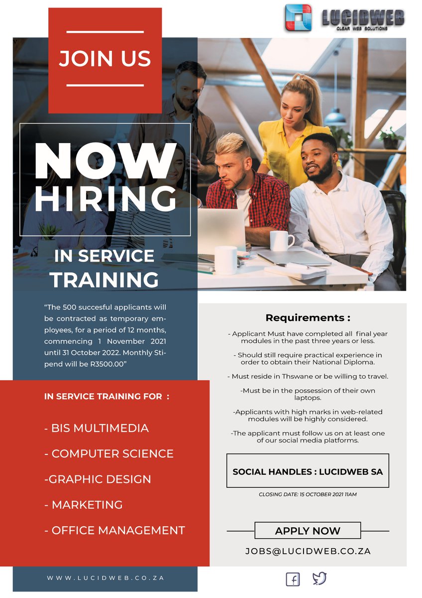 LucidwebSA's tweet photo. JOB POST ALERT📢 JOB POST ALERT📢

LUCIDWEB SA IN-SERVICE TRAINING PROGRAMME FOR:
- BIS MULTIMEDIA
- COMPUTER SCIENCE
-GRAPHIC DESIGN
- MARKETING
- OFFICE MANAGEMENT

#DJSBU #DrinkOrTellTheTruth #TheQueenMzansi https://t.co/Qdh12x2MME