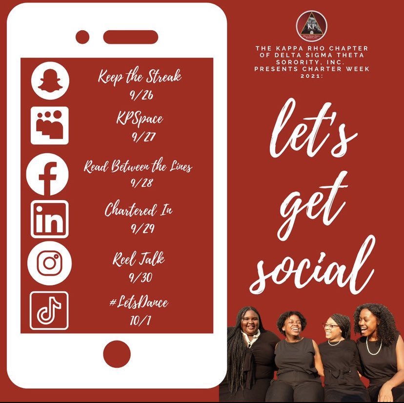The Kappa Rho Chapter of Delta Sigma Theta Sorority, Inc. is excited to announce Charter Week for 2021: #LetsGetSocial! Looking through the lens of social media, we will celebrate 48 years of outstanding service on the grounds of UVA.