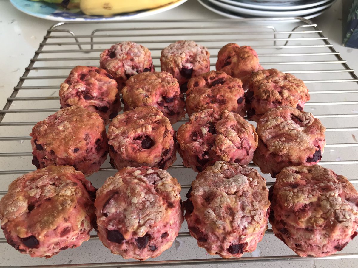 LowtherC's tweet photo. @nt_scones @SSconesociety @HattieOtter @doctormrsscott Beetroot Scones! Weirdly delicious served as suggested, except for the soft goat. Inspired by National Trust’s Dyffrn Gardens, Vale of Glamorgan, Wales, and the Book of Scones. Recipe 31, my 48th of 50. Victory is in sight. https://t.co/XkjAJ32AKr