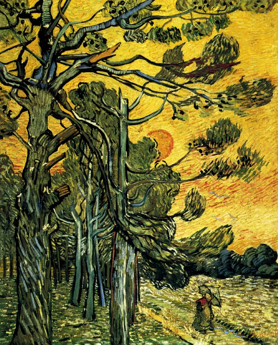 Pine Trees against a Red Sky with Setting Sun, 1889 #vincentvangogh #postimpressionism