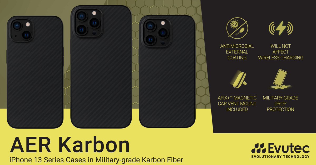 Evutec's tweet photo. iPhone (13) offers the construction of the weave in the material makes this case 5 times stronger than steel, and features an included magnetic vent mount inside the box. At Evutec, Materials Matter.
READ MORE: https://t.co/gzgPTELwlg https://t.co/ZB1C2ahbnM