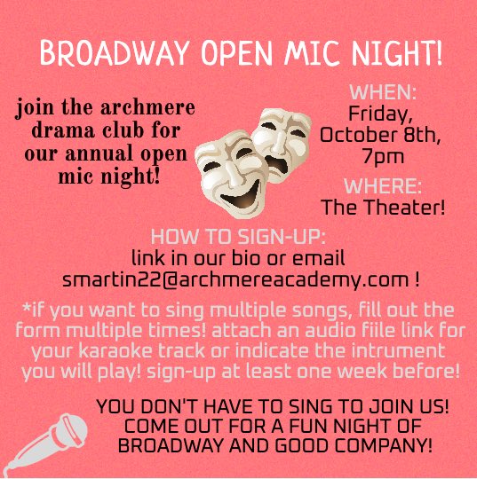 archmeredrama's tweet photo. BROADWAY OPEN MIC NIGHT! join us in the theater october 8th @ 7pm! https://t.co/RGLzfME4hk