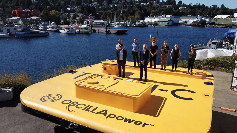 OscillaPower's tweet photo. Today we rolled out the finished  #TritonC wave energy system at Snow &amp; Company. We were privileged to have representatives from @ENERGY and @WAStateCommerce attend and provide kudos. 
It was fantastic to have our team and many of our partners with us today! https://t.co/Des4VrBw8J