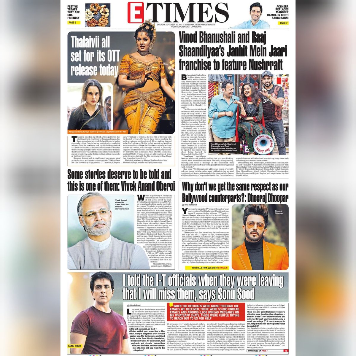 Are you missing ETimes' print edition? Log on to epaper.timesofindia.com to read.....
#thalaivii #kanganaranaut #nushrrattbharuccha #raajshaandilyaa #dheerajdhoopar #vivekanandoberoi #sonusood #ITofficials #bollywood
instagram.com/p/CUOl2Pap7vs/…