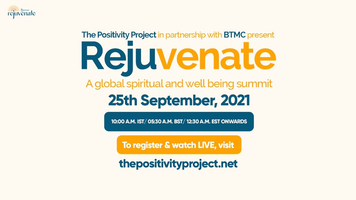 ThePositivityP's tweet photo. Join us today for Day 1 of Rejuvenate, presented by The Positivity Project in partnership with BTMC.
#BTMC @SocietyTea @WizSpk #AngelsNetwork @adil4sure @KamaAyurveda #IndiaAhead
@CABexperiences @thePrint_India @MPNaveenJindal
@tGELF https://t.co/MpNw2krL76