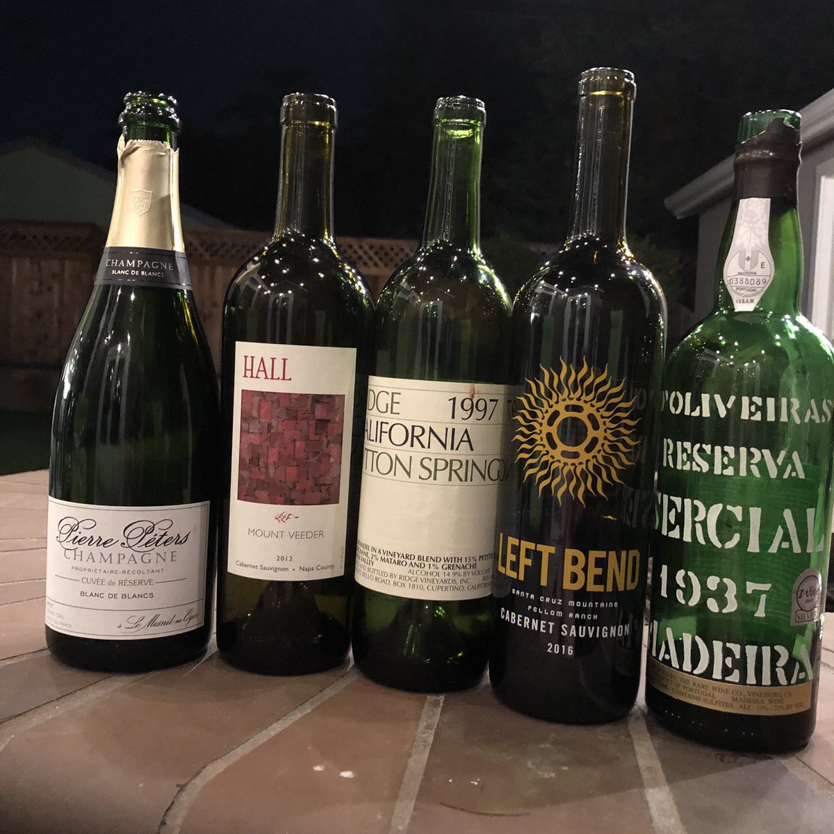 AffordCollector's tweet photo. #BackyardWines #Champagne #Cab #Zinfandel #Ridge #Madeira @LeftBend @winesofscm @RidgeVineyards @HALLWines @zinfandelhooks @nvwineandcigar Backyard Wine Social: NV Pierre Peters Champagne, 2012 Hall Mt Veeder Cab, 1997 Ridge Lytton Springs, 2016 Left Bend Cab, 1937 Madeira https://t.co/PeHrsmj2Mm