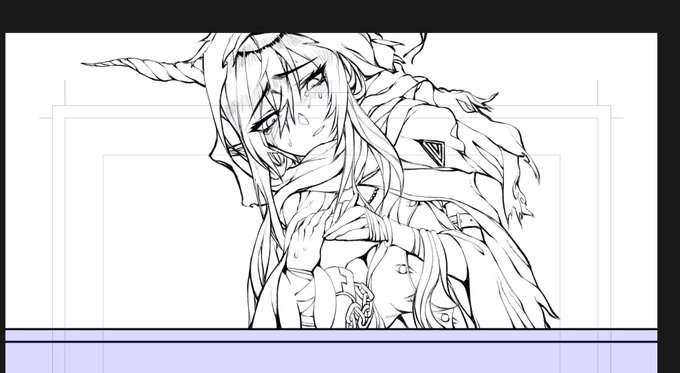 久々に描くものにしては中々カロリーが高いくて息切れ中。髪の流れと布の流れの苦手コンボ、ほんと止めて頂きたい。とりあえずシャイニングはここまでで、横のお飾りのナイチンと二アールさんペン入れしたら、お楽しみの黒ベタ・タイム。 